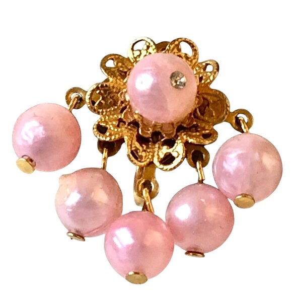 Mid Century Screw Back Earrings Pink Beads Cluster Goldtone Metal Dangling - Picture 9 of 11